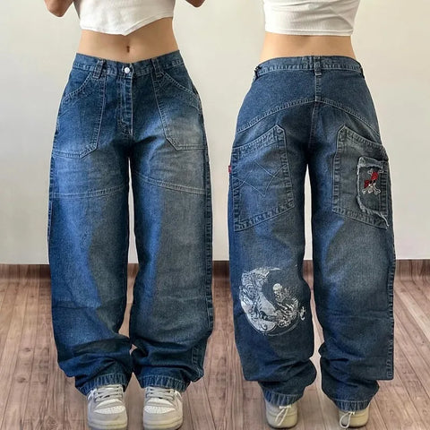 Sonicelife Street Vintage Jeans New Y2K Harajuku Wash Blue Multiple pockets Baggy Jeans Denim Pants Mens Womens High Waist Wide Trousers