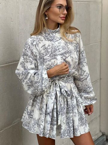 Sonicelife hoco dresses Winter Spring 2024 Women Chic France Mini Dress Floral Printed Long Sleeve O-neck A-Line Flare Short Dress Female