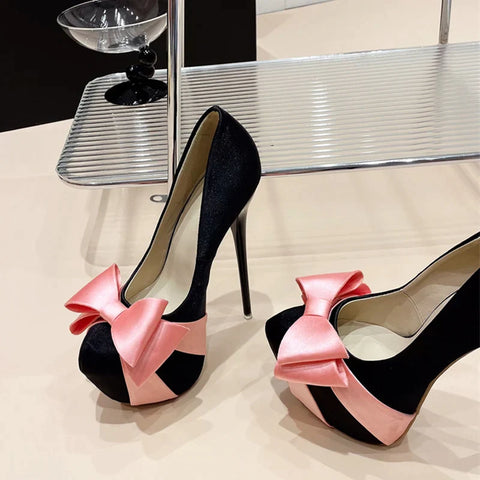 Sonicelife- Fashion Design Bowknot Round Toe Platform Pumps Women Wedding Banquet Shoes Sexy Stripper Pole Dance High Heels Black Pink