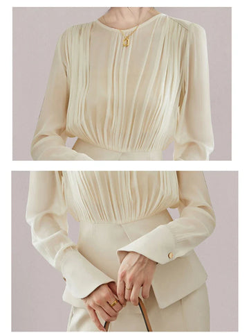 Sonicelife Long Sleeve Top with Wide Leg Trousers Semi-Formal Ivory Suit