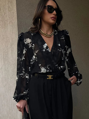 Sonicelife Aynaray 2024 Spring Summer Women Elegant Floral Black Mesh Chiffon Shirt Long Sleeve Ladies Sheer Blouse For Woman Female