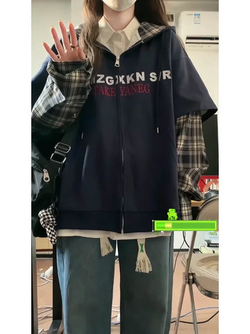 Black Friday Sonicelife Navy Blue Letter Print Zip Up Hoodies Women Fake Two Pieces Plaid Long Sleeve Sweatshirt Autumn Korean Fashion Kpop Top