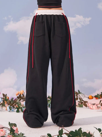 Sonicelife Women Wide Leg High Waist Pants Hip Hop Baggy Goth Hippie Side Stripe Casual Sweatpants Y2K Kpop Jogging Sports Trousers