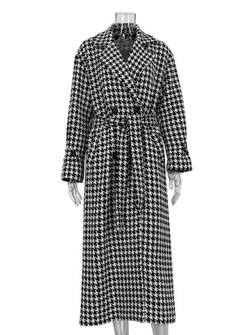 Sonicelife Aynaray 2024 Autumn Winter Women Houndstooth Plaid Woolen Coat Loose Lapel Long Sleeve Classic Warm Overcoat