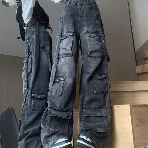 Sonicelife New Multi-pocket High Street American Tooling Wide-leg Jeans Female Y2K Street Punk Style Loose Street Brand Washing Old Pants