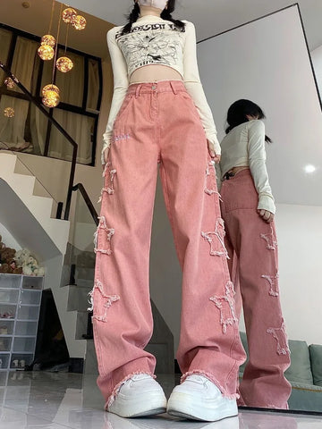 Sonicelife American Retro Star Embroidery Pink Jeans for Women Y2k E-Girl High Waist Denim Pants 2024 Summer New Loose Wide Leg