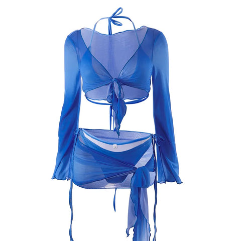 Sonicelife- Women 4Pcs Swim Mesh Bikini Suit Sleeveless Bra+ Drawstring Shorts Briefs+ Long-Sleeve Shrug Tops+ Tie-up Skirt Set
