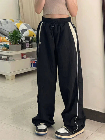 Sonicelife-Y2k Women Wide Leg Cargo Pants Casual Streetwear Loose Drawstring Trousers Drawstring Sweatpants Female Vintage Baggy Joggers