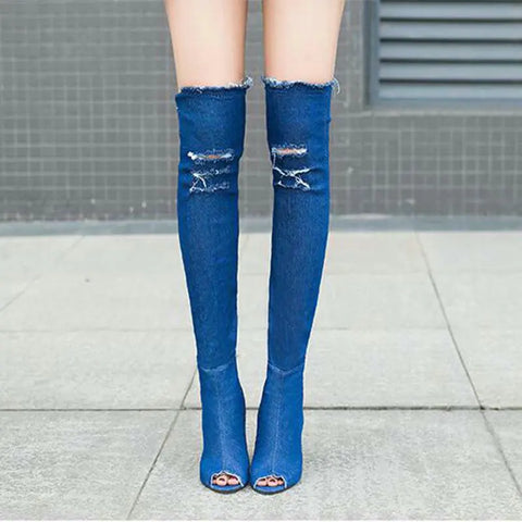 Sonicelife Autumn Women High Heels thigh high boots Female Shoes Hot Over The Knee Boots Peep Toe Cowboy Boots Denim shoes 2024