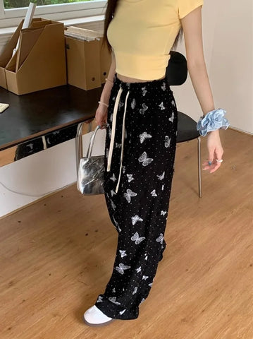 Sonicelife Vintage Butterfly Print Black Wide Leg Pants Y2k Grunge High Waist Straight Trousers 2024 Summer New Loose  for Women