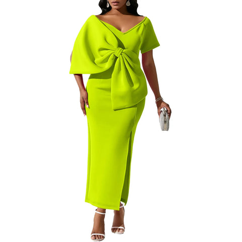Sonicelife Evening Dresses for Women Party Long Dress Sexy Slim Fit Tight Waist Bows Splicing V Neck Solid Colour Split Vestidos Summer