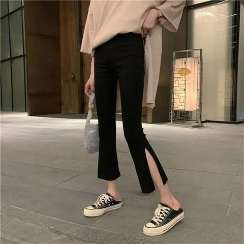 Sonicelife Summer Fashion Casual Bell Bottom Jeans 2024 New Split Calf- Length Pants Y2k Grunge High Waist Korean Style Clothing