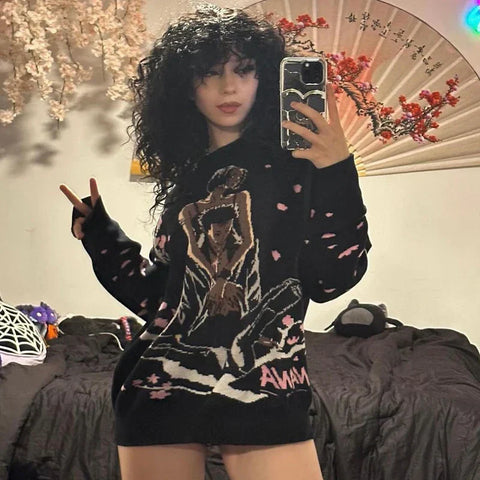 Back To School Sonicelife 2024 Fall Fashion  Hip Hop Knitted Men Women Abstract Comic Couple Pattern Sweater Harajuku Fashion Loose Tops Casual Streetwear Pullover Sweater