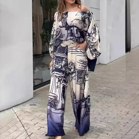 Sonicelife Pant Sets Women Two Piece Set Print Long Bat Sleeve Loose Casual Elegant Splice Oblique Shoulder Tops Wide Leg Long Pants
