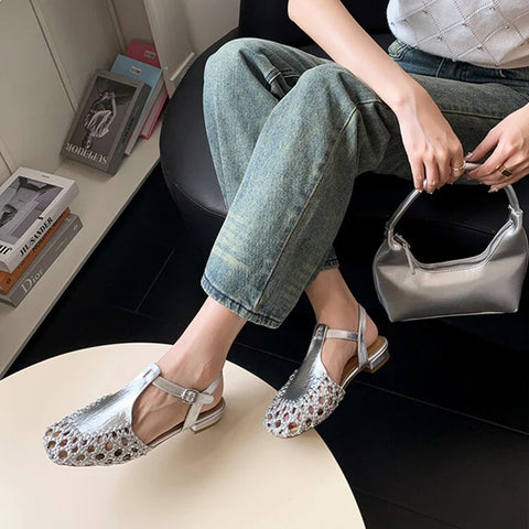 Sonicelife NEW Summer Women Sandals Split Leather Shoes for Women Round Toe Low Heel Shoes Hollow Sandals Cover Toe Slingback Designer Shoe