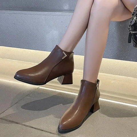 Sonicelife Women Ankle Boots Fashion PU Leather Boots High Heel  Ladies Shoes Side Zipper Short Boots for Women Shoes 2024