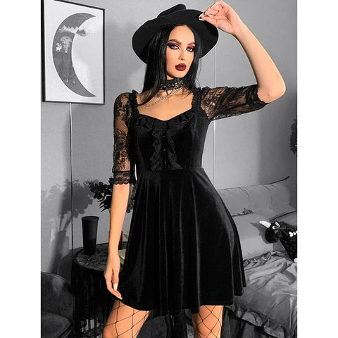 Sonicelife Women's Gothic Directional Design Dress 2024 New Dark Style Lace Splicing Lace Short Women's Dresses
