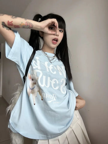 Back To School Sonicelife Blue Dog Graphic T Shirts Women Short Sleeve O-neck Letter Tees Cartoon Print Tops Japan Style Cutecore Kawaii Clothes