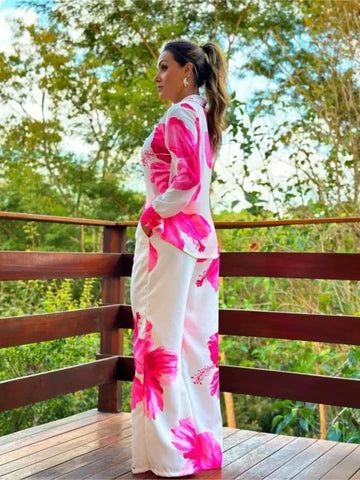 Sonicelife Floral Shirt and Wide Leg Pants Set