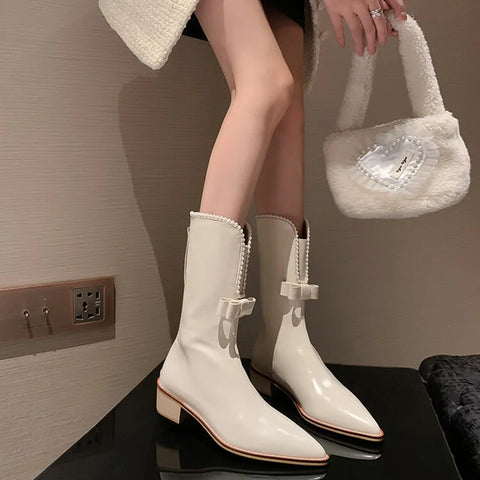 Sonicelife NEW Autumn Women Boots Split Leather Shoes for Women Pointed Toe Chunky Heel Shoes Bow-knot Zipper Mid-calf Boots Western Boots