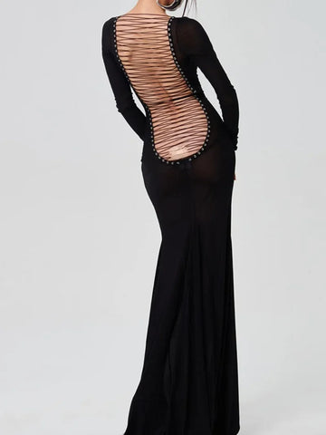 Sonicelife-2024 Sexy Women's See Through Mesh Long Dress Night Club Outfit Ladies Hollow Out Backless Bandage Maxi Party Dresses Streetwear