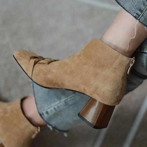 Sonicelife NEW Women Boots Sheep Suade Round Toe Square Heel Mid-Heel Ankle Boots Fringed Zipper Fashion Solid Office Lady Shoes Plus Size