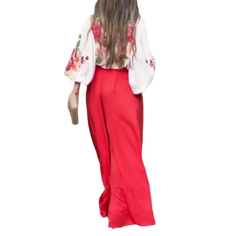 Sonicelife Women Print Wide Leg Pants 2 Piece Set Casual Loose Lantern Sleeve Shirts Legs Suit High Waist Trouser Female Blouse Suits