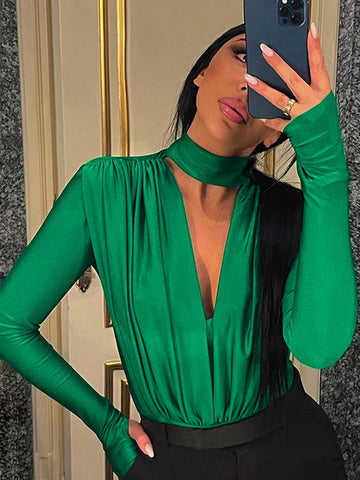 Sonicelife Mueyaruho 2024 Winter Spring Women Sexy Deep V-neck Green Bodysuit Solid Long Sleeve Body Tops For Women