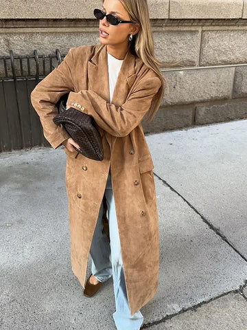 Back To School Sonicelife 2024 Autumn Winter Solid Long Windbreaker Jacket Fashion Lapel Double Breasted With Pocket Coat Women Casual Commute Streetwear