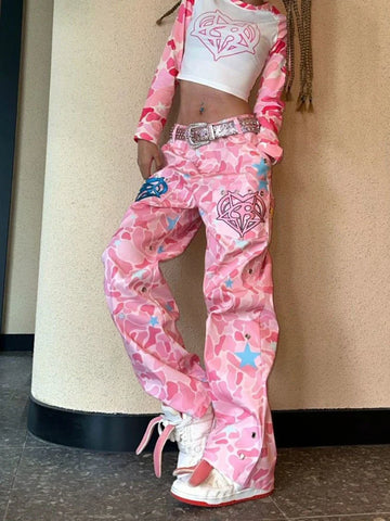 Sonicelife Pink Y2k Camouflage Denim Pants Women Hip Hop Vintage Baggy Embroidery Straight Wide Leg Jeans Streetwear Chic Trousers