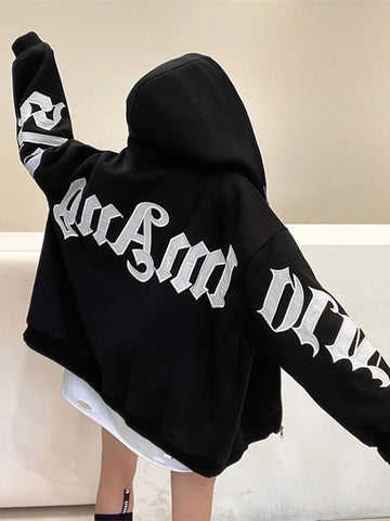 Black Friday Sonicelife Letter Printed Zip Hoodie Women Gothic Grunge Punk Hooded Oversize Jacket Coats Streetwear Sweatshirts for Female Tops