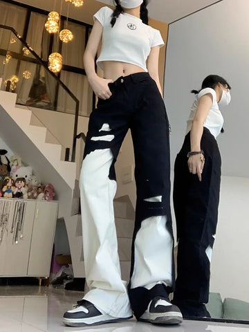 Sonicelife Trend Street Black White Denim Pants Women Y2k E-Girl High Waist Irregular Trousers Summer Loose Straight Wide Leg  Jeans