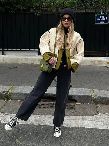 Back To School Sonicelife Women Elegant Patchwork Stand Collar Coats Fashion Contrast Single Breasted With Pocket Loose Jacket 2024 Autumn Lady Chic Coat