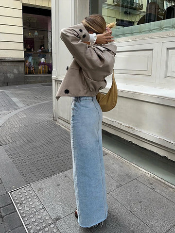 Sonicelife Spring Summer 2024 Women High Waist Vintage Solid Straight Maxi Denim Skirt With Slit