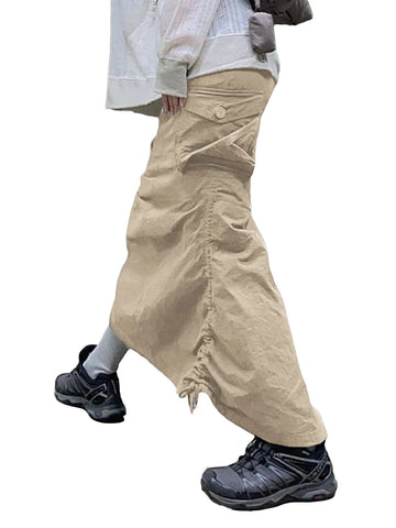 Sonicelife Retro Women Long Cargo Pocket Baggy Skirts Side Drawstring Low Rise Solid Pockets Hip Hop Straight Skirts Y2k Streetwear