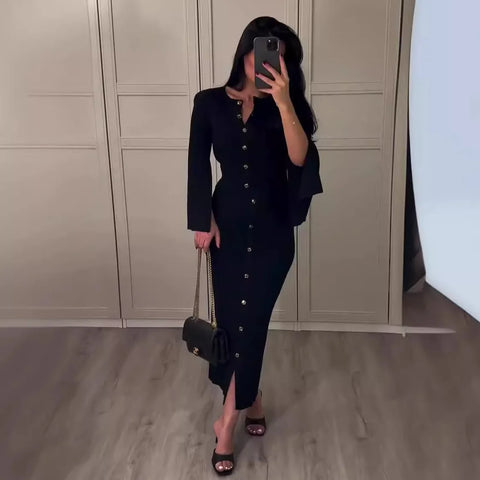 Sonicelife Two Piece Set Women Outfits Casual Tops Slim Fit Long Skirt Suit Round Collar Blouse Buttons Split Skirts Sets Female Ensemble