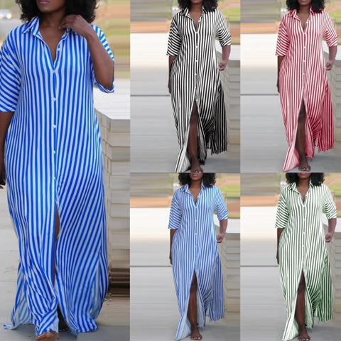 Sonicelife Striped Blouses Dresses Single Breasted Turn Down Collar Women Ankle Length Dress Button High Street Loose Fit Summer 2024