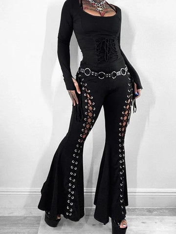 Sonicelife Women's gothic pants Spring 2024 new dark wind Street fashion trend cock-eye tie design flared pants women