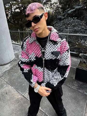 Back To School Sonicelife 2024 Fall Fashion  Male Contrast Knitted Coat For 2024 Autumn Winter Thicken Warm Long Sleeve Sweater Jackets Men's Fashion Lapel Zipper Outwear