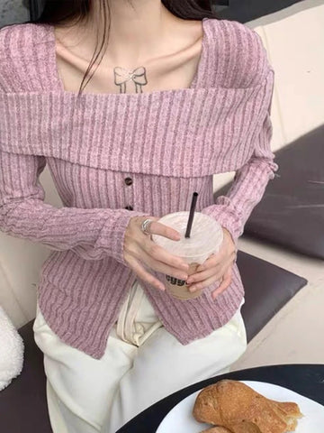 Sonicelife Sweet off-Shoulder Patchwork Square Collar Knit Pullover Women Spring Autumn 2024 Fashion Slim fit Split Velvet Feeling Base Top