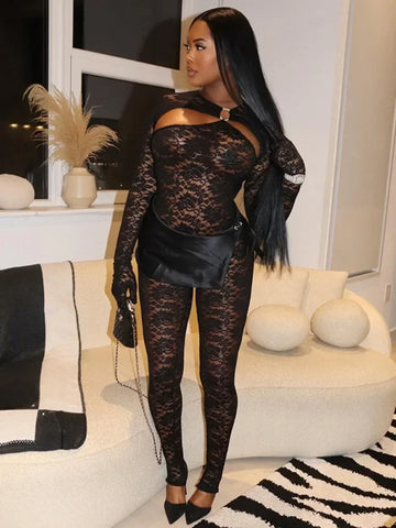 Sonicelife-Women Sexy Hollow Out Long Sleeve Gloves Lace Jumpsuits 2024 Night Club Outfit Female See-through One Piece Party Bodysuit Black