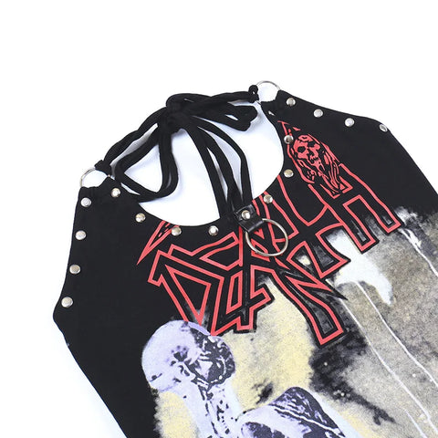 Sonicelife Women's Gothic Directional Design Top 2024 New Color Clash Backless Printed Crash Studded Suspenders