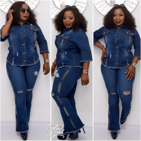 Sonicelife Two Piece Set Women Cowboy Suit Jean Jacket Single Breasted Turndown Collar Hole Flare Pants Female Outfits Casual Ensemble
