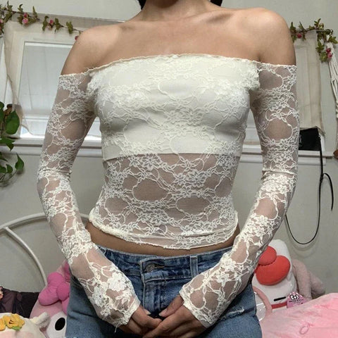 Sonicelife Y2K Vintage Floral Lace Off Shoulder Long Sleeve Tees 2000s Fairy Coquette T-shirt Chic Women Backless Slilm Fit Crop Tops