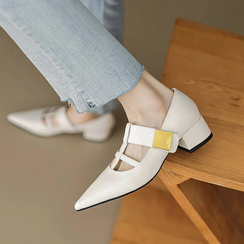 Sonicelife NEW Spring/Autumn Women Pumps Split Leather Shoes for Women Pointed Toe Chunky Heel Shoes Metal Buckle Mary Janes Handmade Shoes