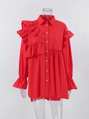Sonicelife hoco dresses 2024 Winter Spring Women Solid Red Mini Shirt Dress Office Ladies Ruffles Long Sleeve Loose Fit Dress For Women