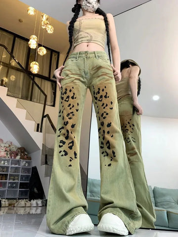 Sonicelife American Retro Washed Leopard Print Denim Pants Y2k E-Girl High Waist Straight Trousers 2024 Sumemr New Bell Bottom Jeans