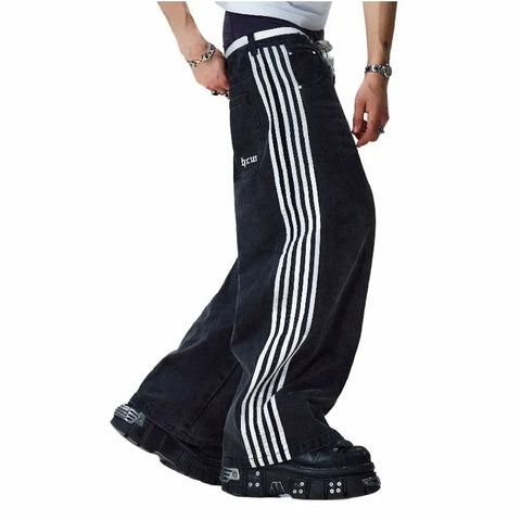 Sonicelife Y2K Striped Jogging Jeans Men Women Harajuku Retro Striped Letter Graphics Embroidered Jeans Goth Casual Wide Leg Pants Trousers