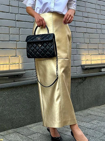 Sonicelife Aynaray 2024 Autumn Winter Women Sexy Bodycon Maxi Leather Skirts Solid Gold High Waist Office Pencil Long Skirt For Women