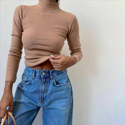 Sonicelife Elegant Lady Long Sleeve Skinny Knitted Crop Tops Women Autumn Spring Casual T-Shirt Korean Fashion Basic Black White Tees